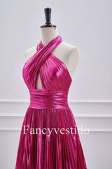 Fuchsia Halter Metallic Pleated A-Line Cocktail Dress
