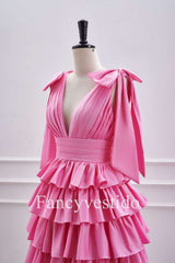 Plunging Hot Pink Bow Sleeves Ruffle A-Line Short Homecoming Dress