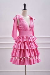 Plunging Hot Pink Bow Sleeves Ruffle A-Line Short Homecoming Dress