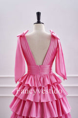 Plunging Hot Pink Bow Sleeves Ruffle A-Line Short Homecoming Dress