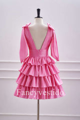 Plunging Hot Pink Bow Sleeves Ruffle A-Line Short Homecoming Dress