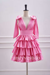 Plunging Hot Pink Bow Sleeves Ruffle A-Line Short Homecoming Dress