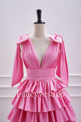 Plunging Hot Pink Bow Sleeves Ruffle A-Line Short Homecoming Dress