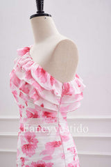 Cute Ruffled One-Shoulder Pink Floral Print Mini Homecoming Dress
