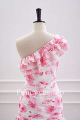 Cute Ruffled One-Shoulder Pink Floral Print Mini Homecoming Dress