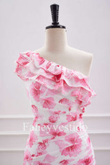Cute Ruffled One-Shoulder Pink Floral Print Mini Homecoming Dress