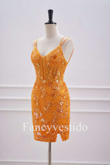 Double Straps Orange Sequin Appliques Short Homecoming Dress