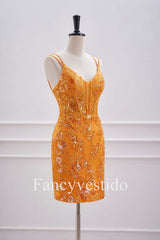 Double Straps Orange Sequin Appliques Short Homecoming Dress