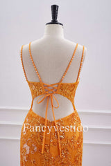 Double Straps Orange Sequin Appliques Short Homecoming Dress