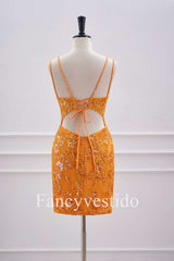 Double Straps Orange Sequin Appliques Short Homecoming Dress
