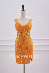 Double Straps Orange Sequin Appliques Short Homecoming Dress
