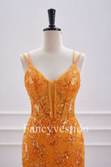 Double Straps Orange Sequin Appliques Short Homecoming Dress