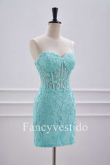 Strapless Aqua Blue Corset Tight Homecoming Dress with Appliques