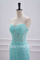 Strapless Aqua Blue Corset Tight Homecoming Dress with Appliques