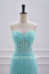 Strapless Aqua Blue Corset Tight Homecoming Dress with Appliques