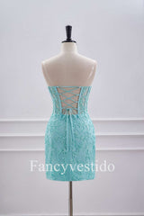 Strapless Aqua Blue Corset Tight Homecoming Dress with Appliques