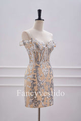 Off the Shoulder Nude Corset Tight Homecoming Dress with Silver Sequin