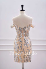 Off the Shoulder Nude Corset Tight Homecoming Dress with Silver Sequin