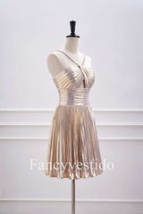 Halter Champagne Metallic Keyhole Pleated A-Line Cocktail Dress