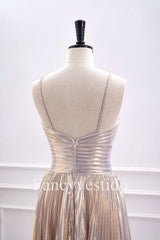 Halter Champagne Metallic Keyhole Pleated A-Line Cocktail Dress
