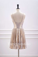 Halter Champagne Metallic Keyhole Pleated A-Line Cocktail Dress