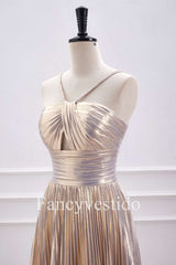 Halter Champagne Metallic Keyhole Pleated A-Line Cocktail Dress