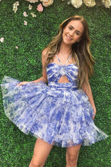 Straps Purple Floral Print Keyhole Ruffle Cocktail Dress