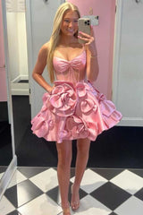 Straps Pink Corset Short Cocktail Dress with Rosette
