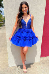 Plunging Neck Royal Blue Beaded Ruffle Tulle Homecoming Dress