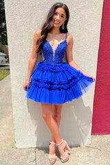 Plunging Neck Royal Blue Beaded Ruffle Tulle Homecoming Dress