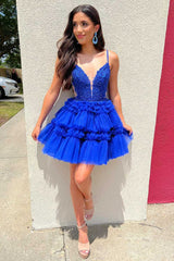 Plunging Neck Royal Blue Beaded Ruffle Tulle Homecoming Dress