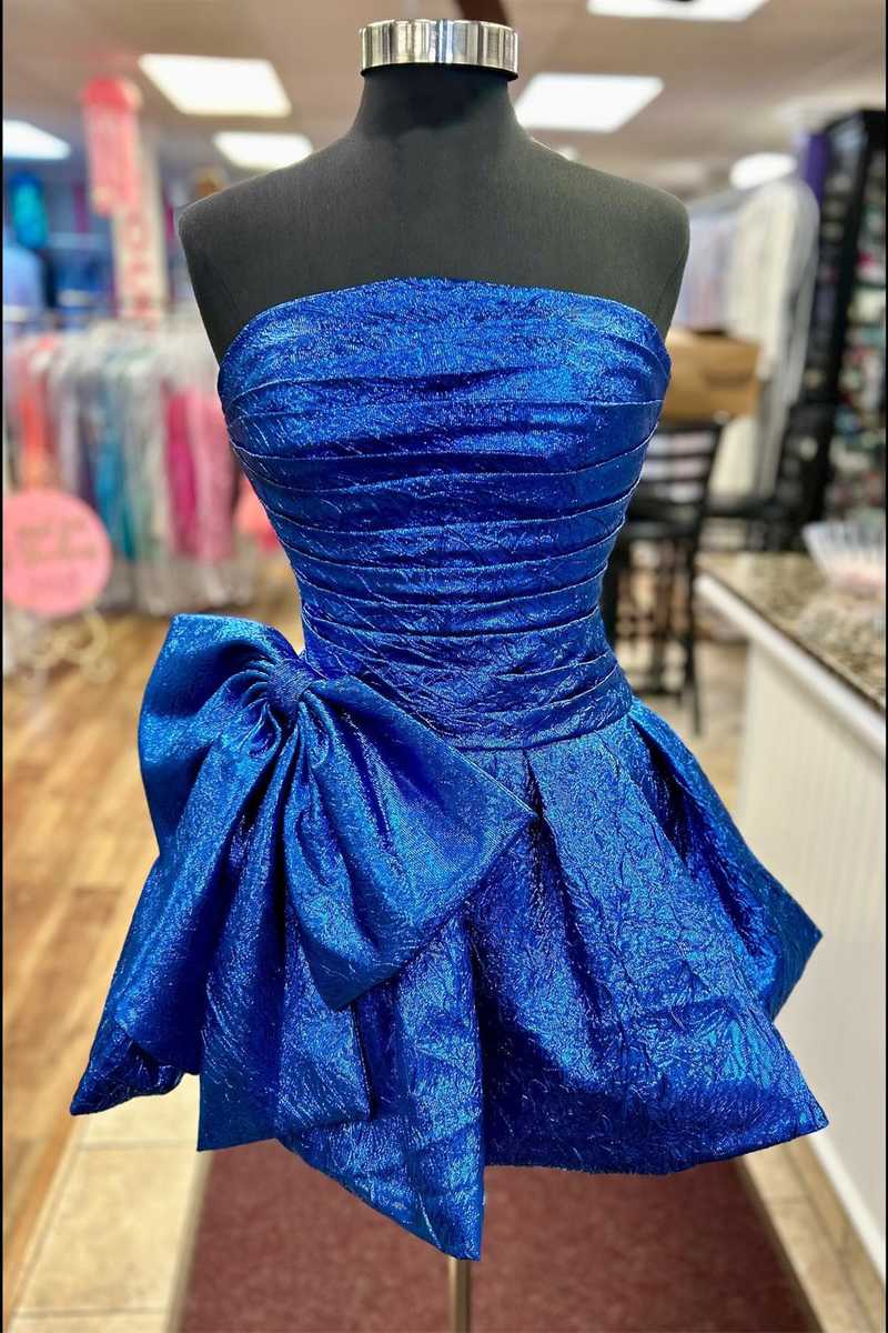 Strapless Royal Blue Ruched Short Homecoming Dress with Bow