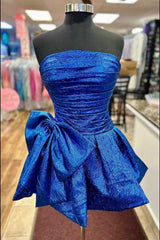 Strapless Royal Blue Ruched Short Homecoming Dress with Bow
