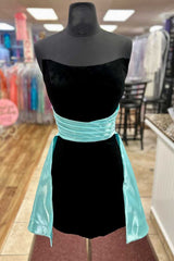 Strapless Black Velvet Cocktail Dress with Train