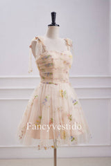 Bow Tie Straps Champagne Embroidery Short Homecoming Dress