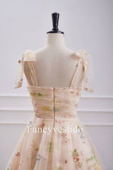 Bow Tie Straps Champagne Embroidery Short Homecoming Dress