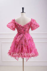 Princess Hot Pink Corset Floral Print Ruffle Homecoming Dress