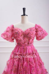 Princess Hot Pink Corset Floral Print Ruffle Homecoming Dress
