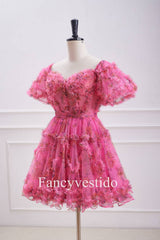 Princess Hot Pink Corset Floral Print Ruffle Homecoming Dress