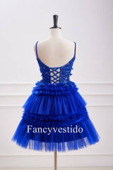 Plunging Neck Royal Blue Beaded Ruffle Tulle Homecoming Dress