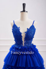 Plunging Neck Royal Blue Beaded Ruffle Tulle Homecoming Dress