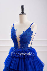 Plunging Neck Royal Blue Beaded Ruffle Tulle Homecoming Dress