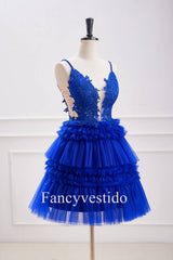 Plunging Neck Royal Blue Beaded Ruffle Tulle Homecoming Dress