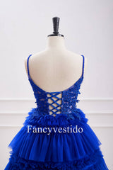 Plunging Neck Royal Blue Beaded Ruffle Tulle Homecoming Dress