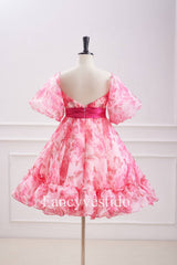 Princess Pink Balloon Sleeves Floral Babydoll Homecoming Dress