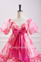 Princess Pink Balloon Sleeves Floral Babydoll Homecoming Dress