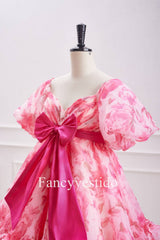 Princess Pink Balloon Sleeves Floral Babydoll Homecoming Dress