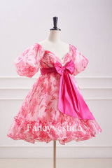 Princess Pink Balloon Sleeves Floral Babydoll Homecoming Dress