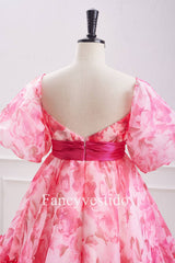 Princess Pink Balloon Sleeves Floral Babydoll Homecoming Dress