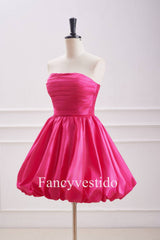A-Line Strapless Fuchsia Pleated Short Party Dress